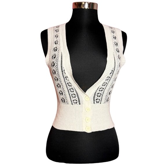 Heritage 1981 Sweaters - Heritage 1981 Crocheted Boho Cotton Sweater Vest Cream Sz S